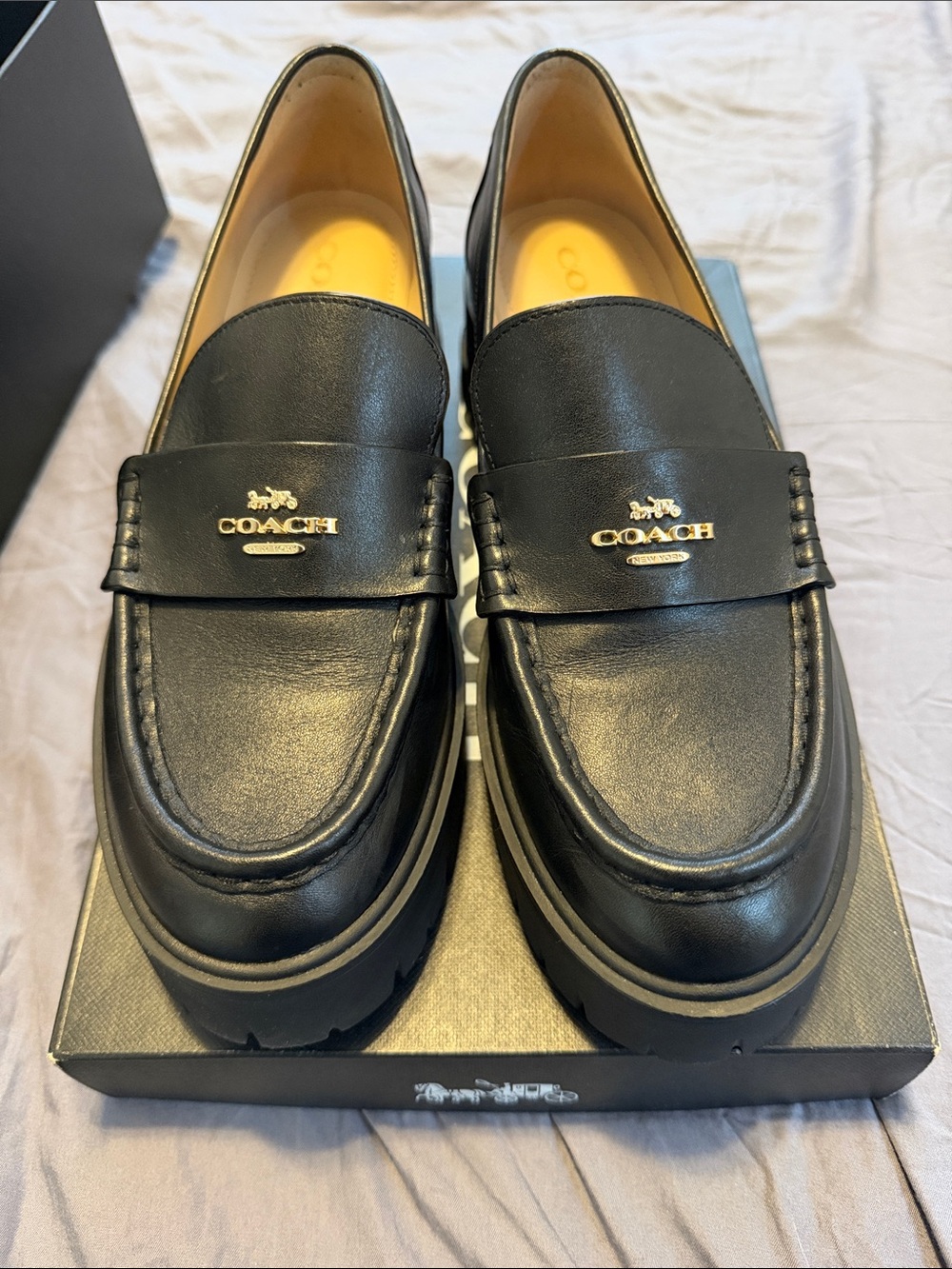 Coach Black Leather Platform Penny Loafers